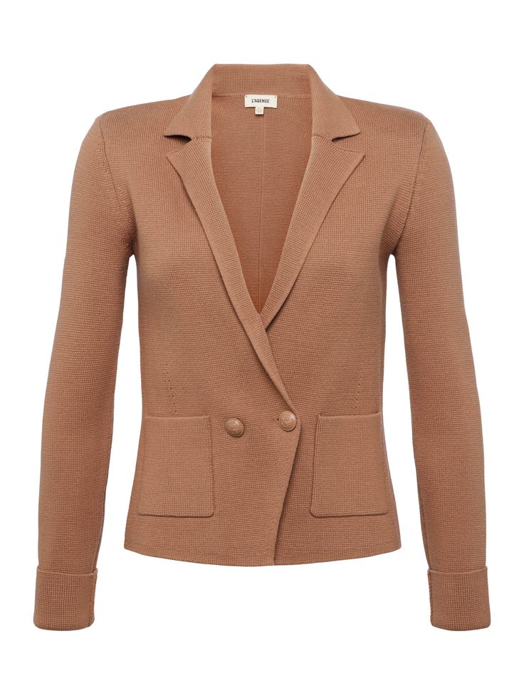 A double-breasted blazer in a gingersnap-brown premium knit. Tapered at the waist, supple, feminine style is balanced by smart tailored touches like strong shoulders, sleek lapels and patch pockets. Gleaming gold embossed-dome buttons add a luxe finish. 50% Cotton 40% Acrylic 10% Nylon About 22.5" From Shoulder to Hem Sleeve Length: 24.25" Model Details: Height: 5'10" | Bust: 32" | Waist: 24'' | Hips: 34.5'' | Wearing Size XS Imported Ginger Snap, Strong Shoulders, Pre Fall Collection, Knit Blazer, Ginger Snaps, Breasted Blazer, Double Breasted Blazer, Denim Flares, White Blazer