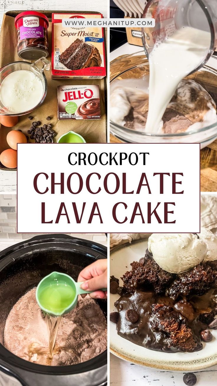 crockpot chocolate lava cake is being made in the slow cooker and then topped with ice cream