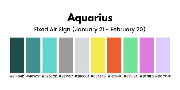 the aquarius color scheme is shown in black and white, with text that reads fixed air sign january 21 - feb 20