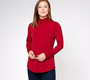 A ruched mock neckline and beautiful Liquid Knit fabrication give this top a flattering draped look. From Susan Graver. High Low Tunic, Red Currant, Tie Front Cardigan, Susan Graver, City Dress, Mock Neckline, Long Sleeve Knit Tops, Luxe Fashion, Long Sleeve Tunic