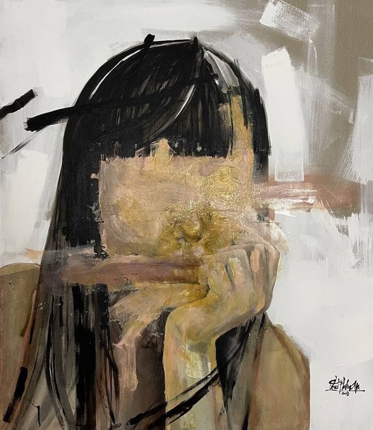 a painting of a woman with long hair holding her face to her chest and looking down