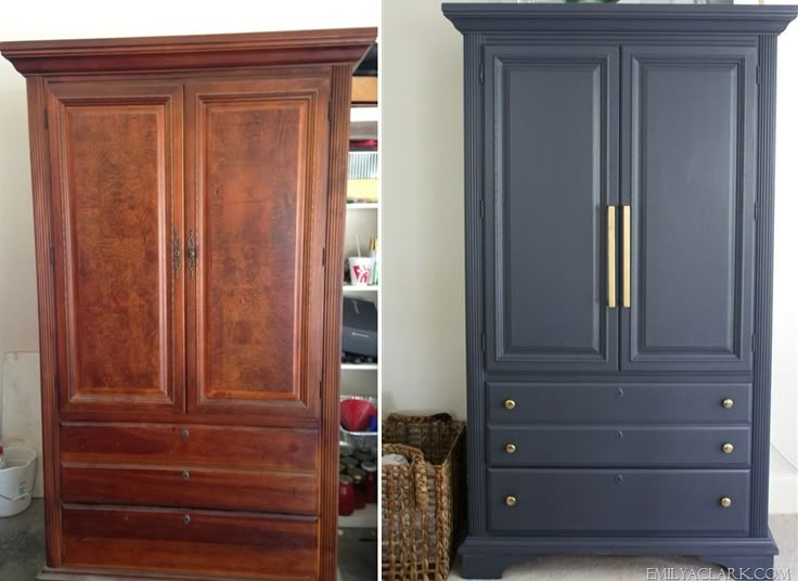 before and after pictures of an old armoire painted dark blue with gold hardware on the doors