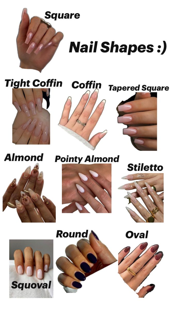 Nails are very complex, you can do different shapes and styles. This is most of them for Inspo ❤️ Nail Shape Meaning, Nail Shapes For Wide Nails, Nail Type Shape, Long Nails Shapes, Medium Nail Shapes, Sharp Nails Short, Type Of Nail Shapes, Baddie Nails Almond Shape, Nail Type Chart