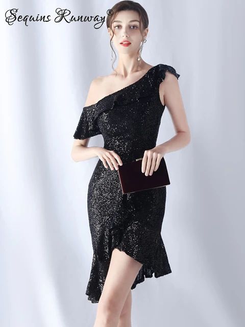 Black Sequin Ruffles Party Dress WomenMeasurement In CM BustWaistHipsLengthS76-9060-7680-106113M80-9664-8084-110114L84-10068-8488-114115XL88-10472-8892-118116XXL92-10876-9296-122117Measurement In Inch BustWaistHipsLengthS29.9-35.423.6-29.931.5-41.744.5M31.5-37.825.2-31.533.1-43.344.9L33.1-39.426.8-33.134.6-44.945.3XL34.6-40.928.3-34.636.2-46.545.7XXL36.2-42.529.9-36.237.8-48.046.1   Model Show - GoldGirl taking photos in real clothesModel size: Height 175cm; Weight: 52kgBust-Waist-Hip: 90-62-93 Fitted Evening Dress With Ruffled Skirt, Knee-length Ruffled Dress For Prom, Dressy Ruffled Evening Dress For Prom, Dressy Ruffled Evening Dress For Prom Season, Dressy Evening Dress With Ruffles For Prom Season, Elegant Prom Dresses With Ruffle Hem, Elegant Evening Dress With Ruffled Skirt For Party, Glamorous Fitted Evening Ruffle Dress, Glamorous Fitted Ruffle Dress For Evening