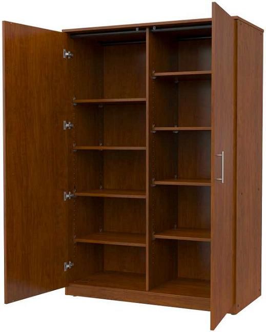 an open wooden cabinet with shelves and doors