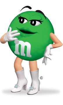 a green ball with the letter m on it's face and hands behind its head