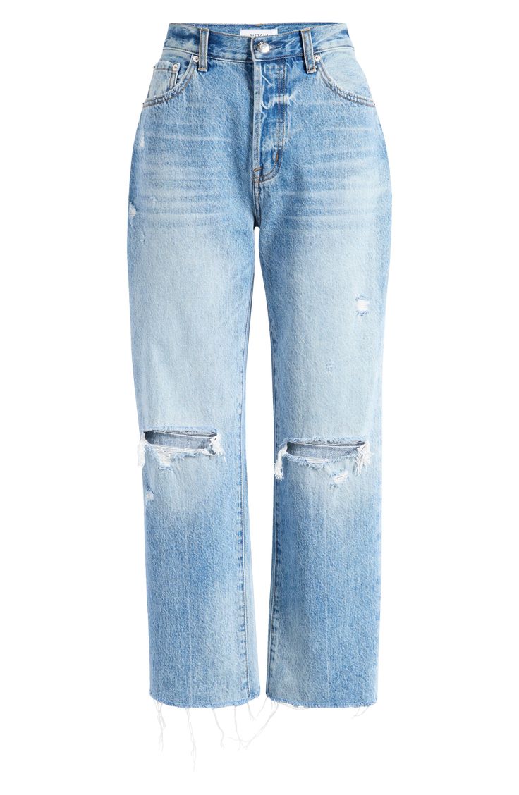 These closet-staple nonstretch-denim jeans are designed with a high waist and sparse distressing. 25 1/2" inseam; 17" leg opening; 12 1/2" front rise; 14 1/2" back rise (size 29) 100% cotton Machine wash, tumble dry Imported Everyday High Rise Distressed Jeans, Relaxed Fit Distressed Medium Wash Cropped Jeans, High Rise Distressed Cropped Jeans In Denim Blue, Distressed Mid-rise Cropped Jeans For Everyday, Everyday Ripped Cropped Jeans For Fall, Fall Everyday Ripped Cropped Jeans, Faded Distressed Cropped Jeans For Fall, Fall Distressed Faded Cropped Jeans, Fall Faded Distressed Cropped Jeans