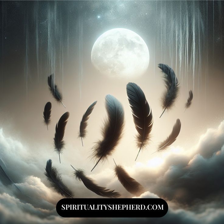 there are many feathers flying in the sky with a full moon behind them and clouds below