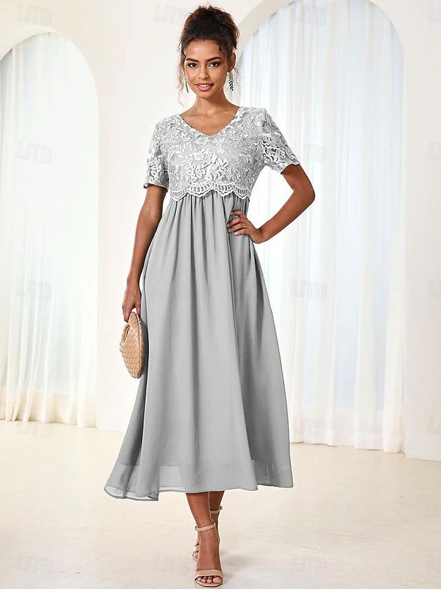 Women's Wedding Guest Cocktail Dress Maxi Dress Contrast Lace Party Elegant Formal V Neck Short Sleeve Pink Green Gray Color 2024 - $41.99 Summer A-line Mother Of The Bride Dress, Flowy Mother Of The Bride Dress For Party, V-neck Lace Patchwork Dress For Prom, Holiday Bridesmaid V-neck Dress, Elegant Flowy V-neck Lace Dress, Chiffon A-line Wedding Dress, Short Sleeve Lace Dress For Prom Season, Fitted V-neck Lace Dress For Wedding Guest, Short Sleeve Lace Dress For Prom