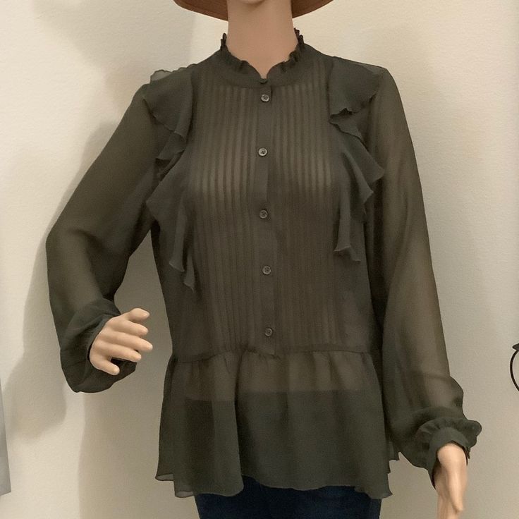 Who What Wear Small, Olive Green Long Sleeve Transparent Blouse ,With A Very Elegant High Neck ,Has Small Details Of Frills In Front The Sleeve ; Is Wide Enough Is Relaxed And Elegant At The Same Time . It Is 100% Polyester . It Was Never Used Casual Sheer Top For Office, Casual Sheer Blouse For Office, Sheer Green Blouse, Wear Green, Green Long Sleeve, Green Top, Small Details, Green Tops, Who What Wear