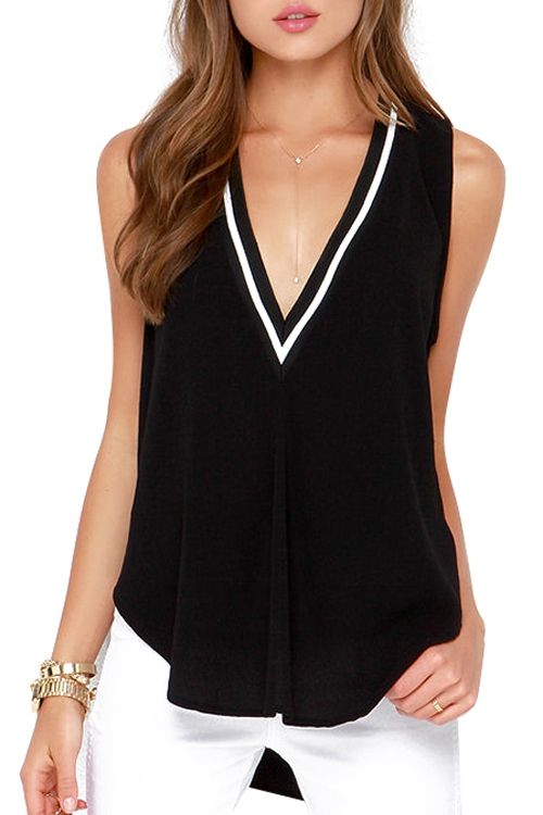 zaful | black and white top Chiffon Tank Tops, Sleeveless Outfit, V Neck Tank Top, Hem Design, Mode Streetwear, Sleeveless Tshirt, Sleeveless Tank Top, V Neck Tops, Fashion Tops