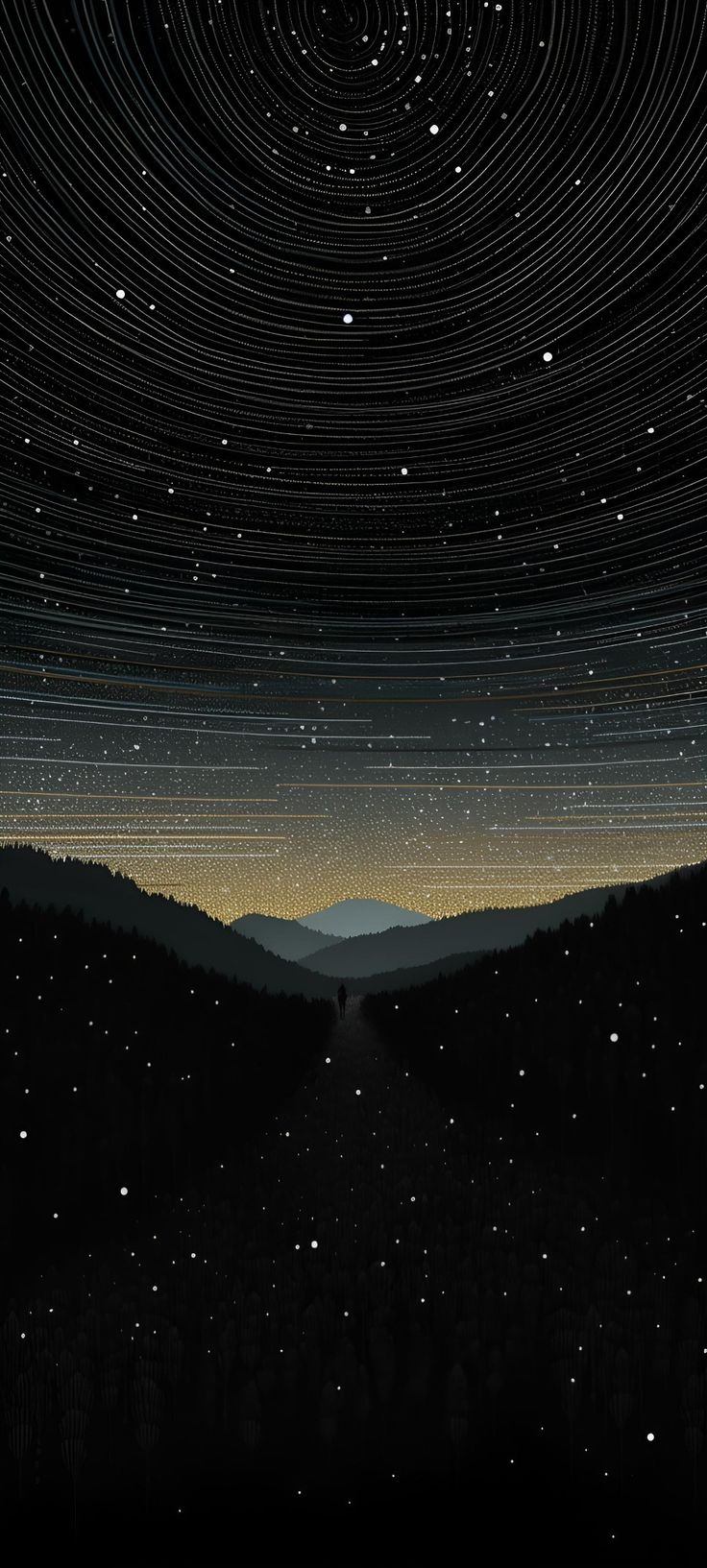 the night sky is filled with stars and there are mountains in the distance behind it