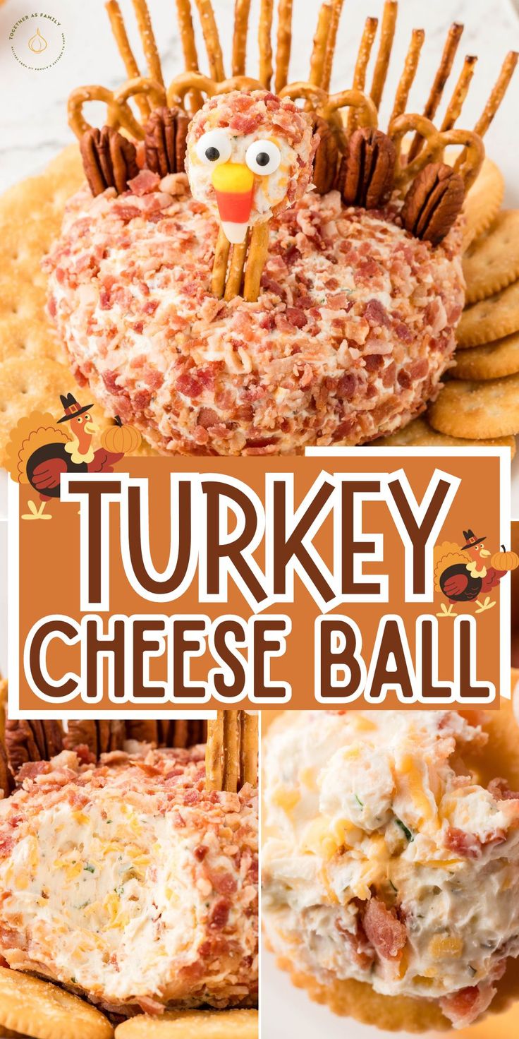 turkey cheese ball with pretzels and crackers