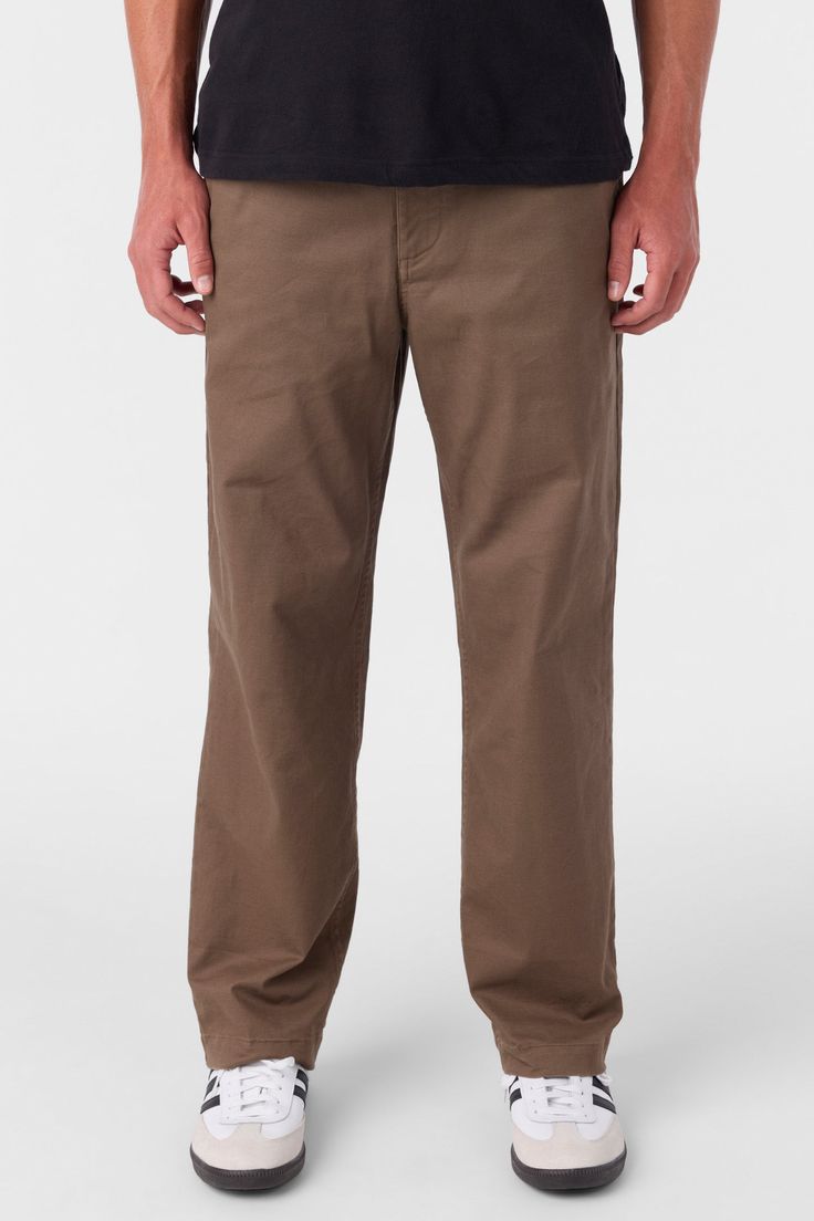 A laid-back, baggy fit pant that features a cotton stretch design and comfort elastic waistband. O'Neill Men's pant O'Riginals Collection 30" Inseam 17" Leg opening Relaxed fit Elastic waist Cotton stretch pant Zip closure Internal drawcord Front pockets, back patch pockets 98% Organic Cotton, 2% Elastane | O'Neill Men's O'riginals Eco Wayne Pants in Chocolate Chip, Size Medium, Elastane Rugged Brown Pants With Pockets, Cheap Men's Khaki Bottoms, Rugged Brown Pants, Men’s Brown Corduroy Pants, Solid Non-stretch Corduroy Pants, Suits Series, Wetsuit Men, Flannel Pants, Spring Suit