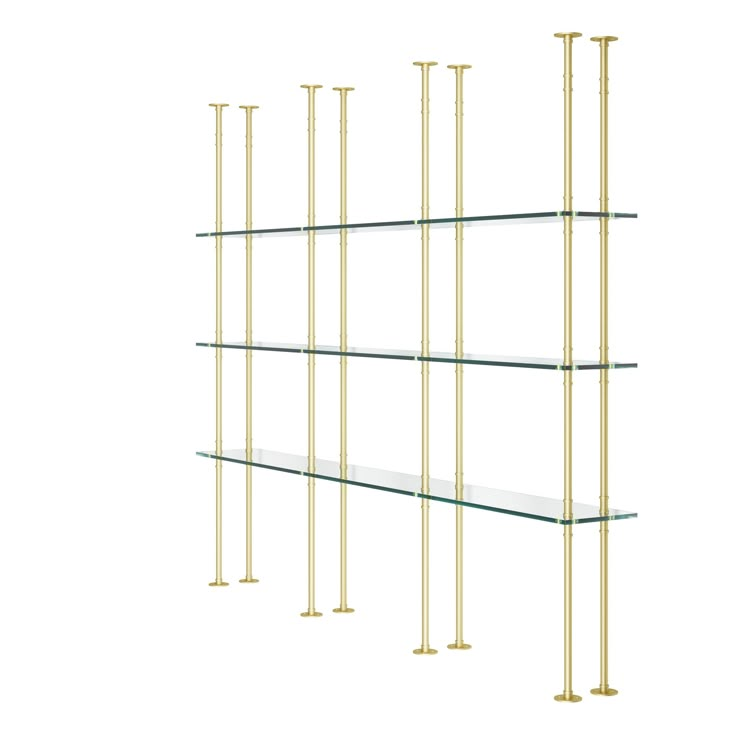 three glass shelves with gold metal poles and two clear shelves on each side, one shelf is