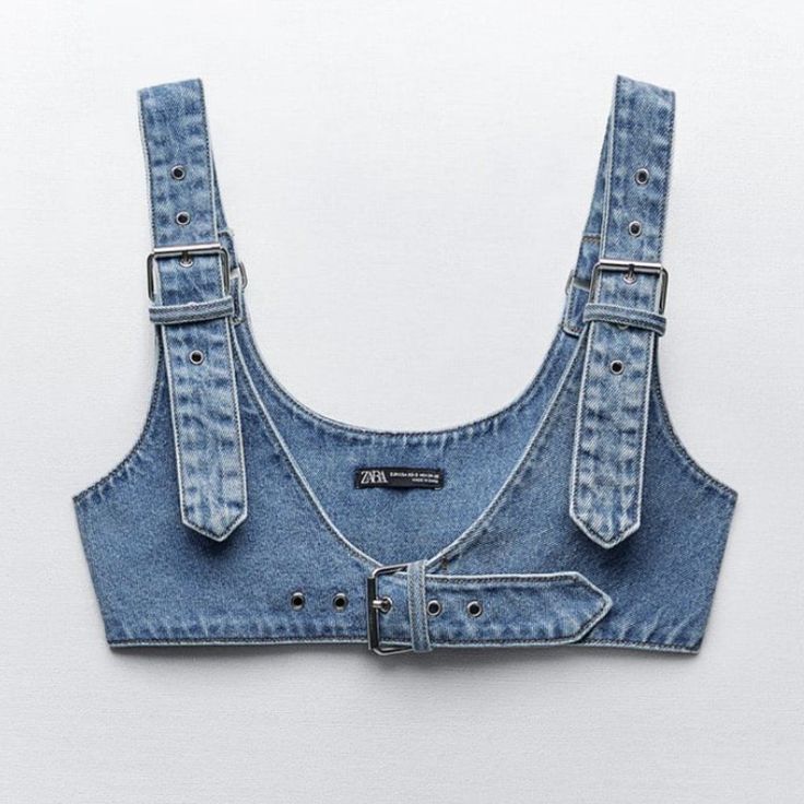 Zara Tops | Nwt Special Edition Denim Harness Belt, L-Xl | Color: Blue | Size: L-Xl Denim Patchwork Fabric, Diy Denim Top, Denim Harness, All Denim Outfit, All Blue Outfit, Ropa Upcycling, Belt Shirt, Denim Clothes, Functional Wardrobe