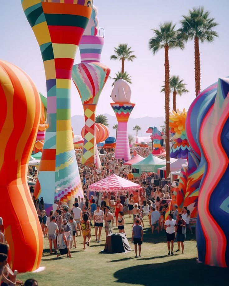 many people are standing around in front of colorful balloons and umbrellas at an outdoor event