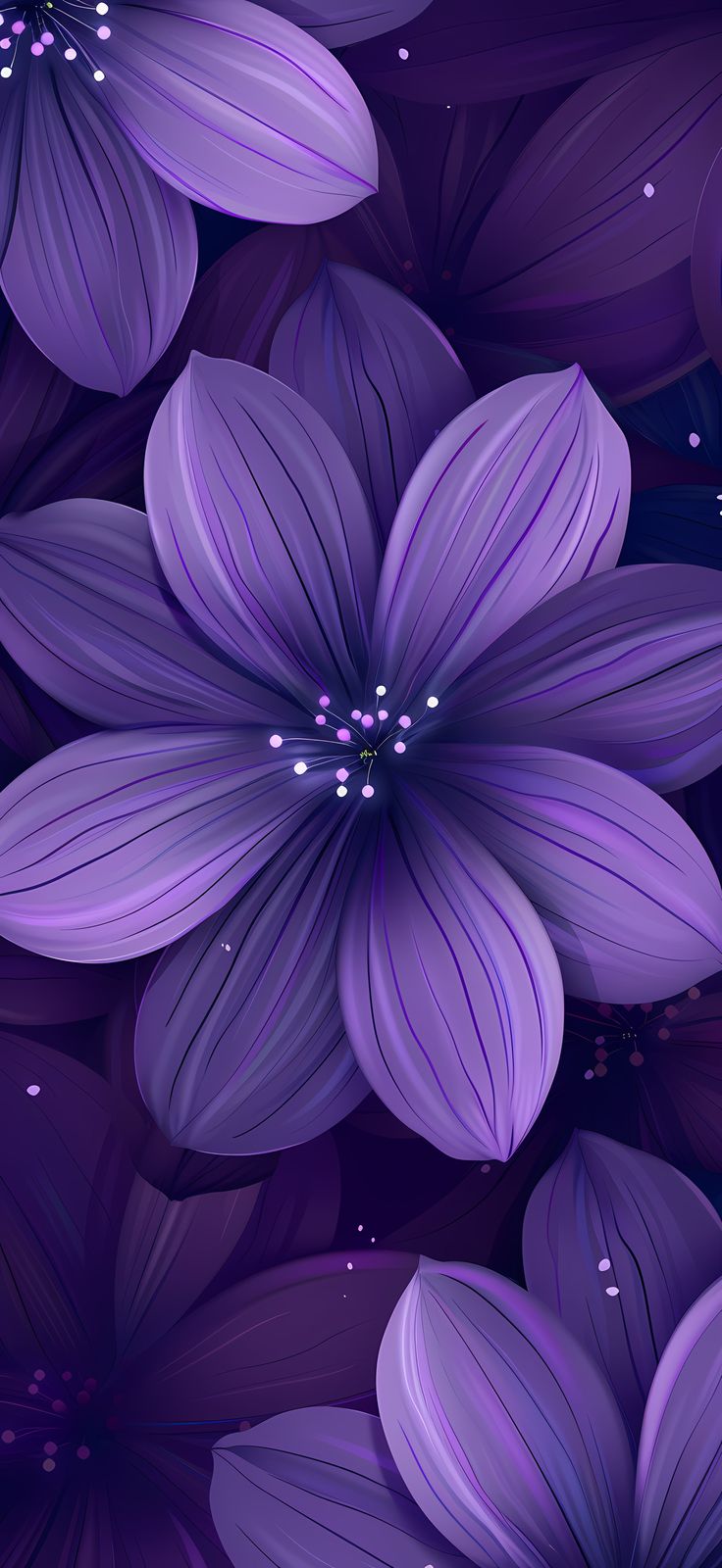 purple flowers with water droplets on them are shown in this seaming pattern, as well as the background