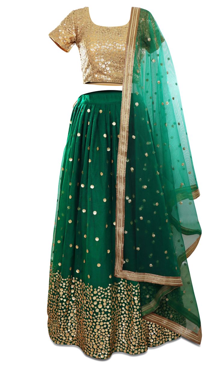 Gorgeous gold and green lehenga, 3-piece set. The blouse is covered in beautiful gold sequined embroidery. Mens Indian Wear, Western Wear Dresses, Embroidery Skirt, Green Lehenga, Gold And Green, Lucky Clover, Gold Embroidery, Saree Dress, Pot Of Gold