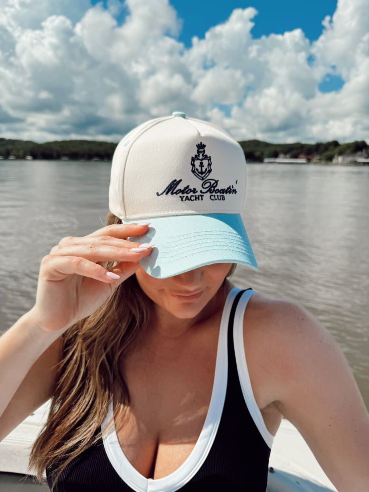 Motor Boatin' Yacht Club Trucker In collaboration with Aubrey Schoenekase! Perfect hat for ALL summer long! Especially for you lake goers! Baby blue vintage with navy embroidery Blue Baseball Cap For Beach In Summer, Blue Baseball Cap For Beach Summer, Blue Baseball Cap For Summer Beach, Summer Beach Blue Baseball Cap, Blue Summer Beach Baseball Cap, Blue Snapback Hat For Beach And Summer, Blue Snapback Hat For Beach Summer, Blue Baseball Cap With Upf 50+, Blue Trucker Hat For Vacation