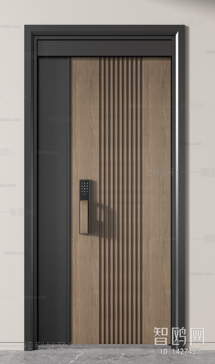 the door is made of wood and has a metal frame with a button on it