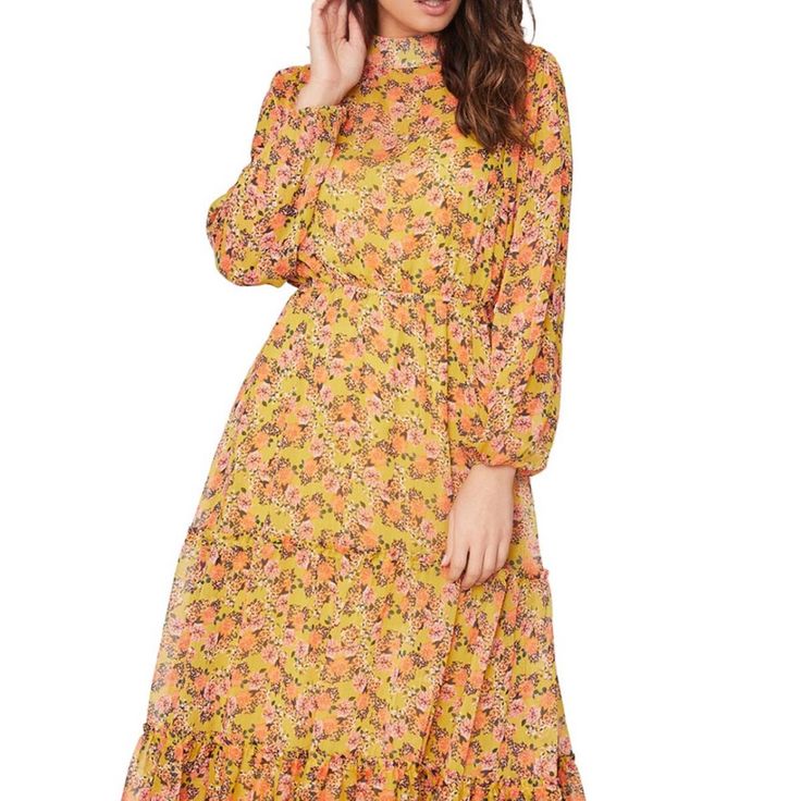 Brand New With Tags Lost + Wander Gardens At Giverny Midi Dress Size Small Yellow Floral Print Designed For A Relaxed Fit In An Ankle Length 52” Long Fabric - Lightweight Non-Stretch Chiffon Crinkle Tiered Seams W Ruffles Trim Mock Neck Hook And Eye And Hidden Seam At Back Slip With Adjustable Straps Yellow Floral Dress For Garden Party, Yellow Long Sleeve Midi Dress With Floral Print, Spring Yellow Floral Print Midi Dress, Yellow Floral Print Midi Dress, Yellow Floral Print Midi Dress For Garden Party, Orange Long Sleeve Maxi Dress For Garden Party, Orange Long-sleeved Maxi Dress For Garden Party, Yellow Floral Midi Dress For Brunch, Yellow Long Sleeve Maxi Dress For Spring