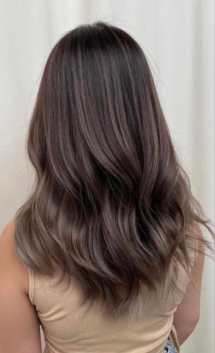 Natural Brown Balayage On Black Hair, Ash Brown Dark Hair, Ash Brown Partial Balayage, Brunette Balayage Cool Tones, Brunette Cool Tone Balayage, Cool Tone Brown Highlights, Cool Brown Balayage On Black Hair, Subtle Lowlights For Brown Hair, Dark Brown Hair Babylights