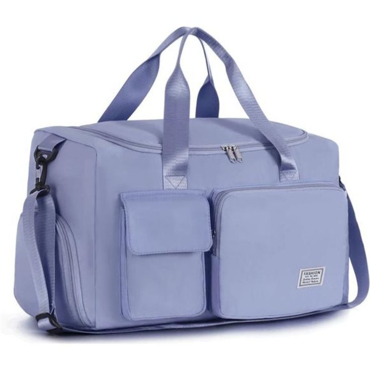 a blue duffel bag with two pockets