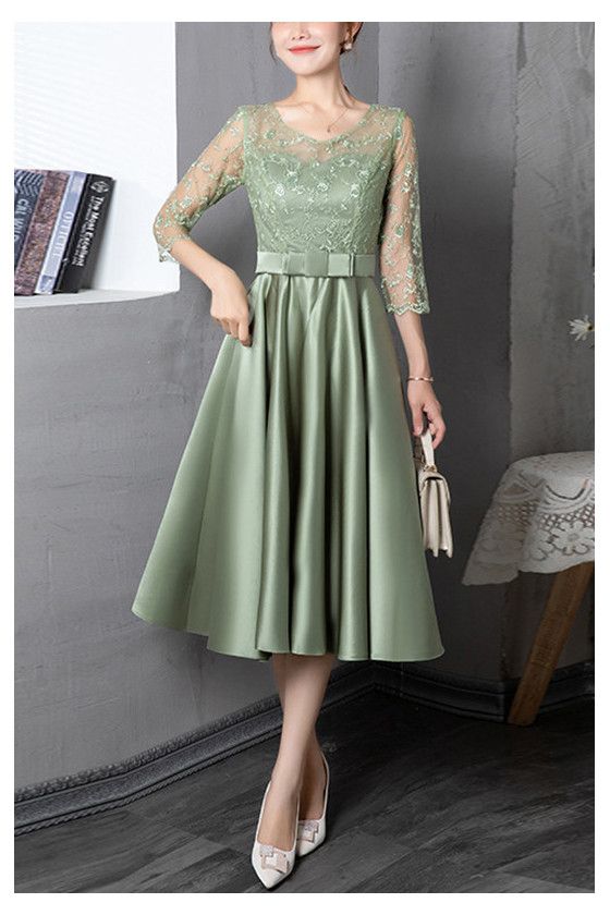 10% off now! Shop modest tea length fall semi formal dress with lace sleeves online. Sheprom offers formal, party, casual & more style dresses to fit your special occasions. Dress For Confirmation, Classy Green Dress, Modest A-line Midi Dress For Evening, Formal Feminine A-line Tea Length Dress, Elegant Tea-length Fall Dress, Cocktail Party Dresses, Formal Tea-length Lace Dress, Dress Natal, Lace Tea-length Evening Midi Dress