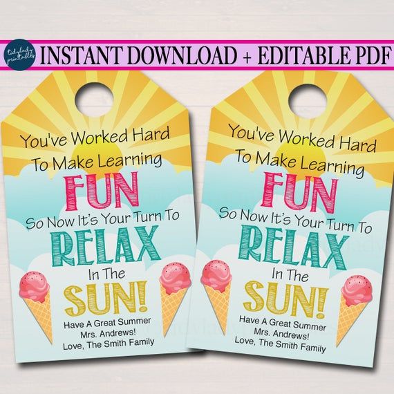 two printable ice cream gift tags with the words fun to make learning and relax in the sun