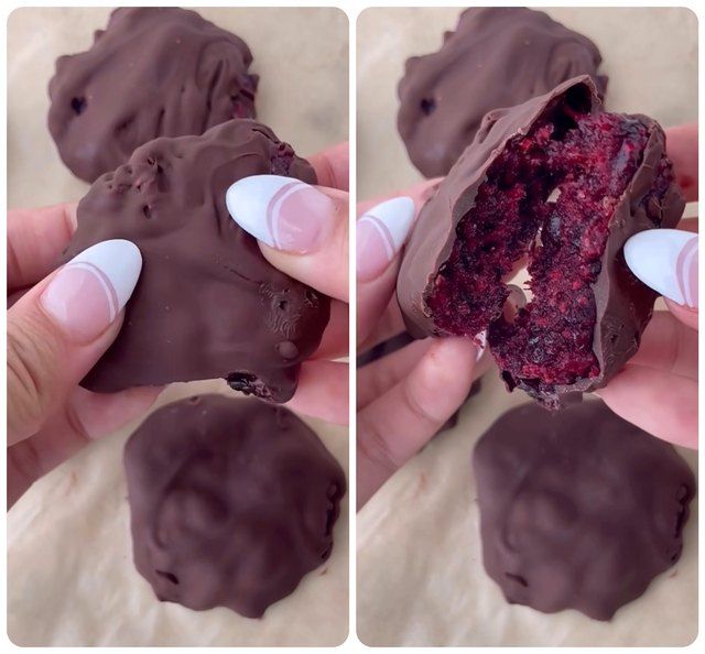 two pictures of chocolate covered cookies being held in one hand and the other is half eaten