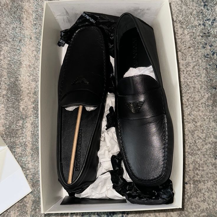 - Mens Emporio Armani Loafers - Brand New - Never Used Designer Black Leather Tassel Loafers, Designer Business Moccasins With Leather Sole, Black Tassel Loafers With Leather Lining, Designer Tassel Loafers With Rubber Sole For Business, Designer Black Moccasins With Rubber Sole, Designer Slip-on Loafers With Stitched Sole, Designer Black Moccasins With Leather Sole, Designer Business Slip-ons With Rubber Sole, Designer Stitched Sole Slip-on Loafers