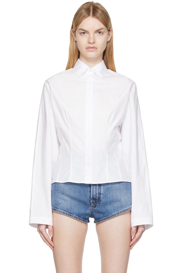 ALAÏA: White Corset Shirt | SSENSE Designer Cotton Blouse With Spread Collar, Designer Cotton Tops For Office, Designer Cotton Button-up Blouse, Designer Spring Tops With Button Cuffs, Designer Tops With Button Cuffs And Collar, Summer Fitted Blouse With Collar, Fitted Summer Blouse With Fold Down Collar, Elegant Poplin Tops, Formal Poplin Blouse For Spring