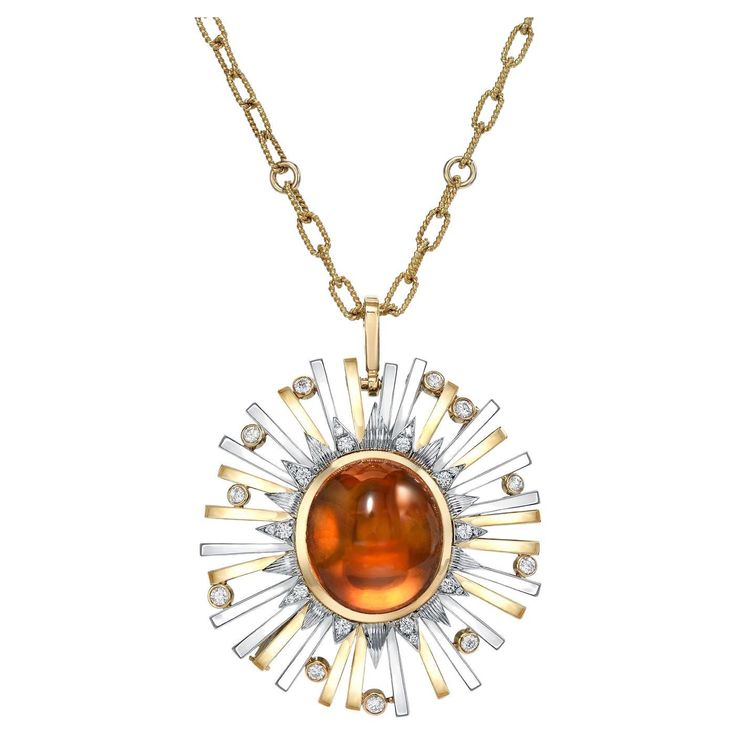 Exceptional 24.14 Carat Madeira Citrine Cabochon Pendant Necklace & Brooch This rare and highly prized 24.14-carat Madeira Citrine cabochon is set in a one-of-a-kind, convertible pendant necklace and brooch, crafted with 18K yellow and white gold. The piece is adorned with 0.86 carats of diamonds, creating a stunning contrast against the rich hues of the citrine. Dimensions: Approx. 1.75" inches in length and width Chain: 24" inches adjustable 18K yellow gold chain Returns: Free returns within 7 Canary Diamond Ring, Chrome Tourmaline, Canary Diamond, Genie Bottle, Demantoid Garnet, Yellow Diamond Rings, Padparadscha Sapphire, Citrine Pendant, Antique Brooches