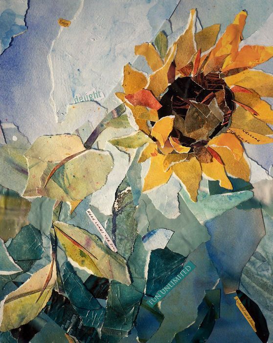 a painting of a sunflower with leaves on it