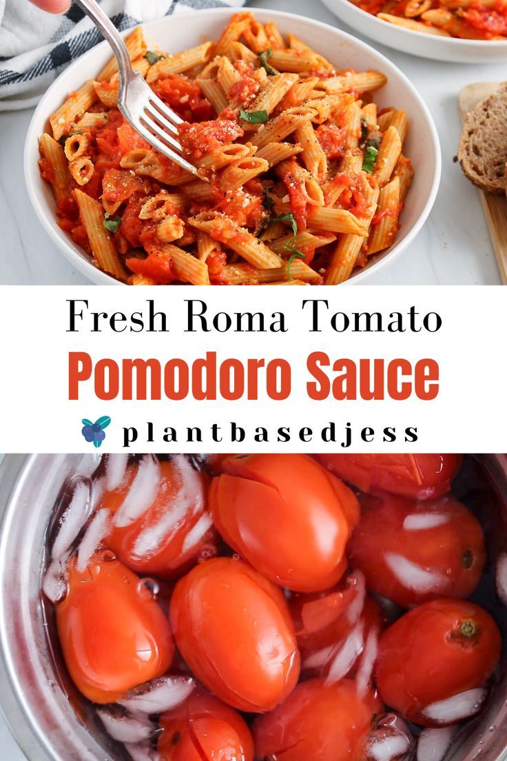 fresh tomato tomato sauce in a white bowl with tomatoes and bread on the side, along with text overlay