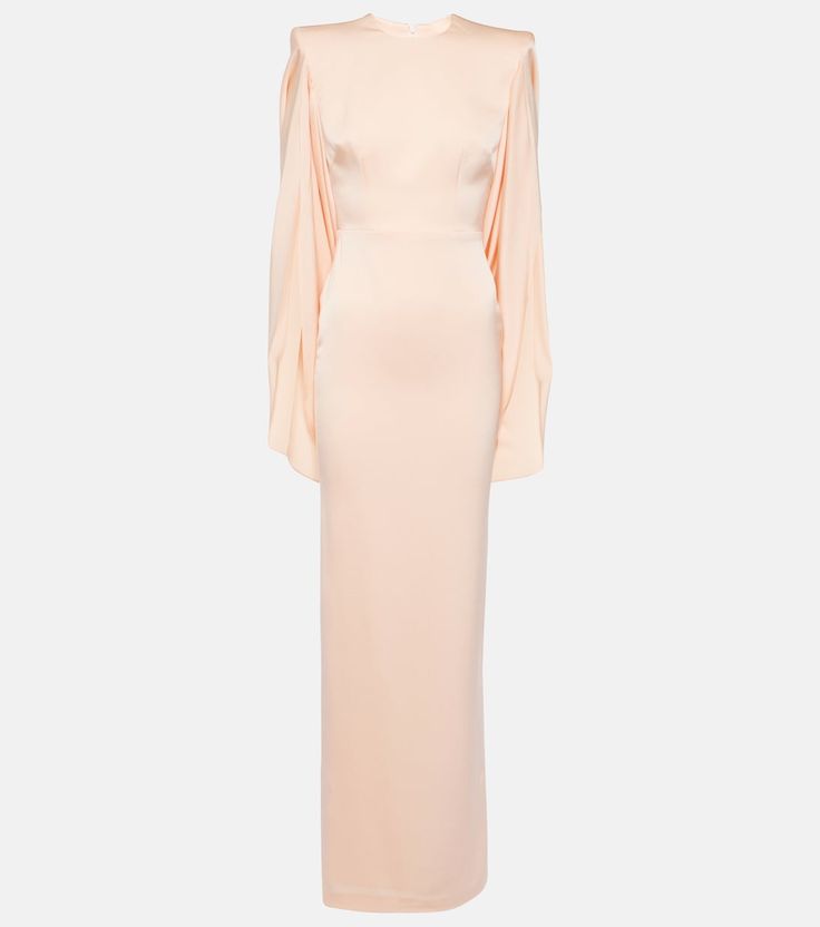 Caped crêpe satin gown in pink - Alex Perry | Mytheresa Evening Gown With Satin Finish And Maxi Length, Evening Gown With Satin Finish In Maxi Length, Pre-draped Silk Crepe Maxi Dress, Chic Satin Finish Maxi Gown, Chic Silk Crepe Maxi Dress For Wedding, Fitted Satin Finish Pre-draped Maxi Dress, Fitted Sleek Silk Gown, Fitted Silk Sleek Gown, Sleek Fitted Silk Gown