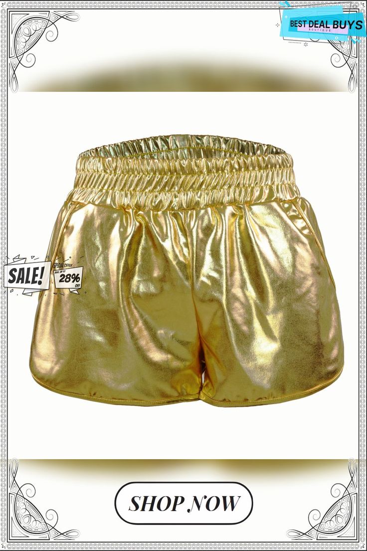 Urban Leisure Loose Pockets Elastic Waist Leather Pants Sexy Women's Shorts Gold Stretch Shorts For Night Out, Gold Bottoms For Clubbing In Summer, Gold Bottoms For Club And Summer, Metallic Shorts For Club In Summer, Gold Stretch Short Bottoms, Gold Stretch Summer Shorts, Gold Bottoms For Summer Festival, Women's Shorts, Womens Bottoms