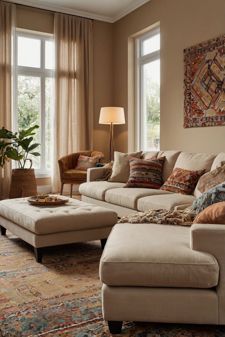 a living room filled with lots of furniture next to two large windows and a rug on the floor