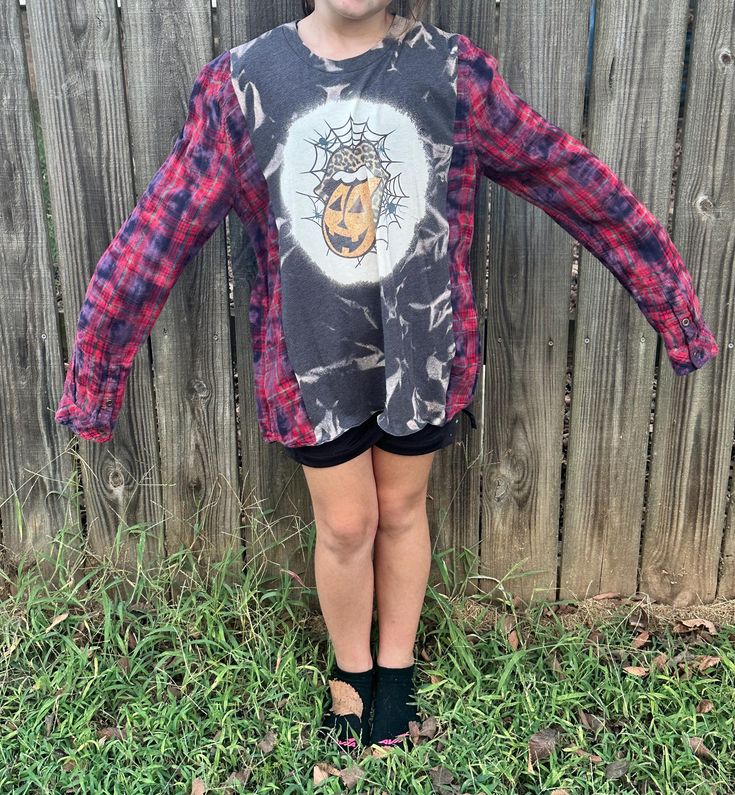 Upcycled t-shirt flannel! Long Sleeve Flannel Top With Graphic Print, Plaid Flannel Grunge Top, Grunge Plaid Flannel Tops, Casual Long Sleeve Upcycled Tops, Fall Flannel Top With Graphic Print, Plaid Flannel Tops With Graphic Print, Upcycled Long Sleeve Tops For Fall, Casual Upcycled Relaxed Fit Tops, Casual Relaxed Fit Upcycled Tops