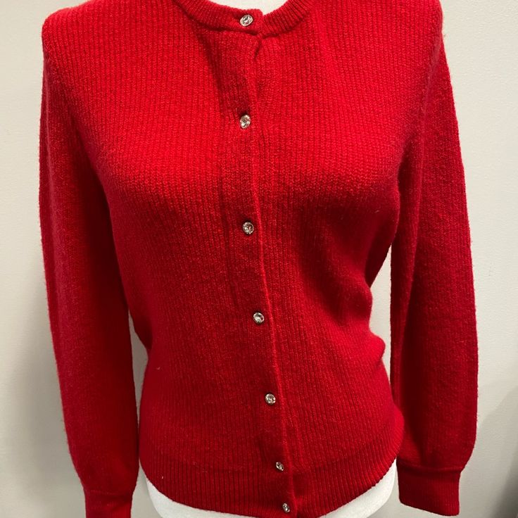 Nwt, Beautiful Buttons Elegant Red Crew Neck Sweater, Classic Red Crew Neck Cardigan, Red Crew Neck Classic Cardigan, Cozy Red Crew Neck Cardigan, Classic Red Fitted Cardigan, Red Fitted Cardigan With Button Closure, Classic Fitted Red Cardigan, Elegant Red Winter Cardigan, Classic Red Crew Neck Sweater