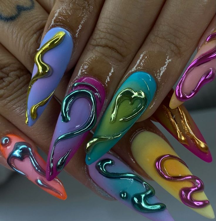 #nails #nailart #nailtech #nailsoftheday #nail2inspire #nailsart #chromenails #naildesign #summernails Nail Idea Colorful, 80s Theme Nail Designs, Latest Acrylic Nail Trends 2024, Vapor Wave Nails, Pierced Nail Designs, Colorful Marble Nails Acrylic, Psychadelic Nails Acrylic, Sensory Nails, Simple Colorful Nail Designs