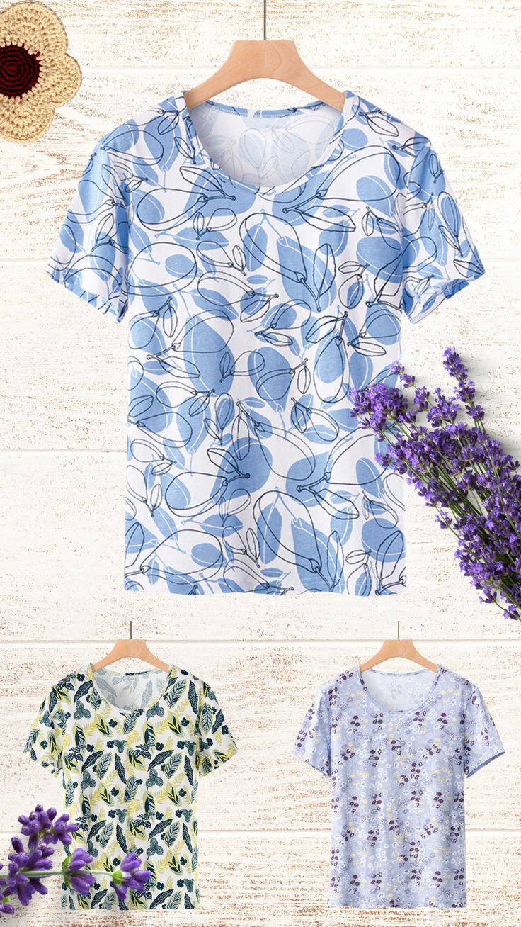 Cotton Floral Pattern T-Shirts for Women Casual Home Outfits. Soft & Breathable, You will Love Great Lower Price with High Quality Cotton Tee. Spring Crew Neck T-shirt With All Over Print, Spring All Over Print Short Sleeve T-shirt, Spring T-shirt With All Over Print And Short Sleeves, Spring T-shirt With All Over Print, Spring Short Sleeve T-shirt With All Over Print, Summer Crew Neck T-shirt With Plant Print, Summer Short Sleeve T-shirt With Floral Print, Blue Crew Neck Shirt With Floral Print, Blue Plant Print Top For Summer