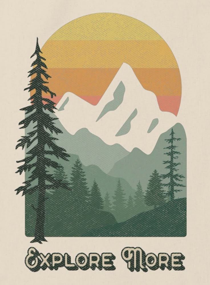 Explore More Design with mountain sunset and trees. Nature Poster Aesthetic, Mountain Aesthetic Decor, Hiking Decor, Mountain Graphic Design, Wanderlust Poster, Mountain Party, Watercolour Mountains, Terrace Party, Hiking Poster