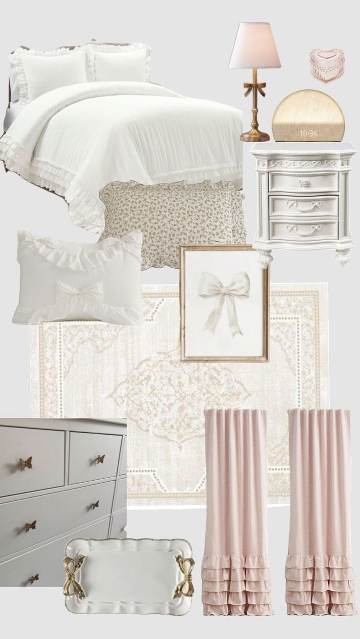 a bedroom with white furniture and accessories in pastel colors, including bed linens