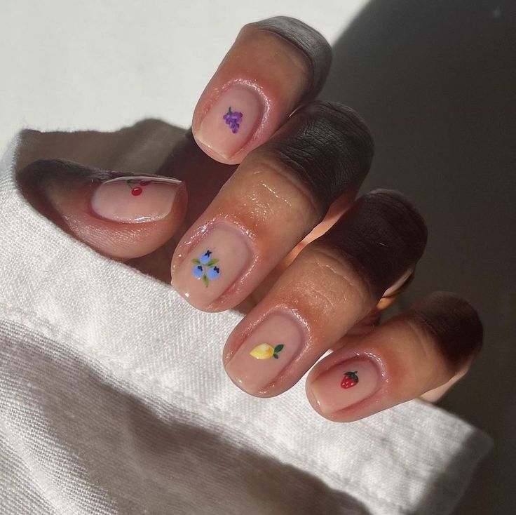 Minimalistic Nail Designs Short Nails, Minimal Short Nail Design, Tiny Fruit Nails, Little Fruit Nails, Micro Nail Art, Fruit Salad Nails, Short Fruit Nails, Short Round Nails Summer, Nails On Natural Nails