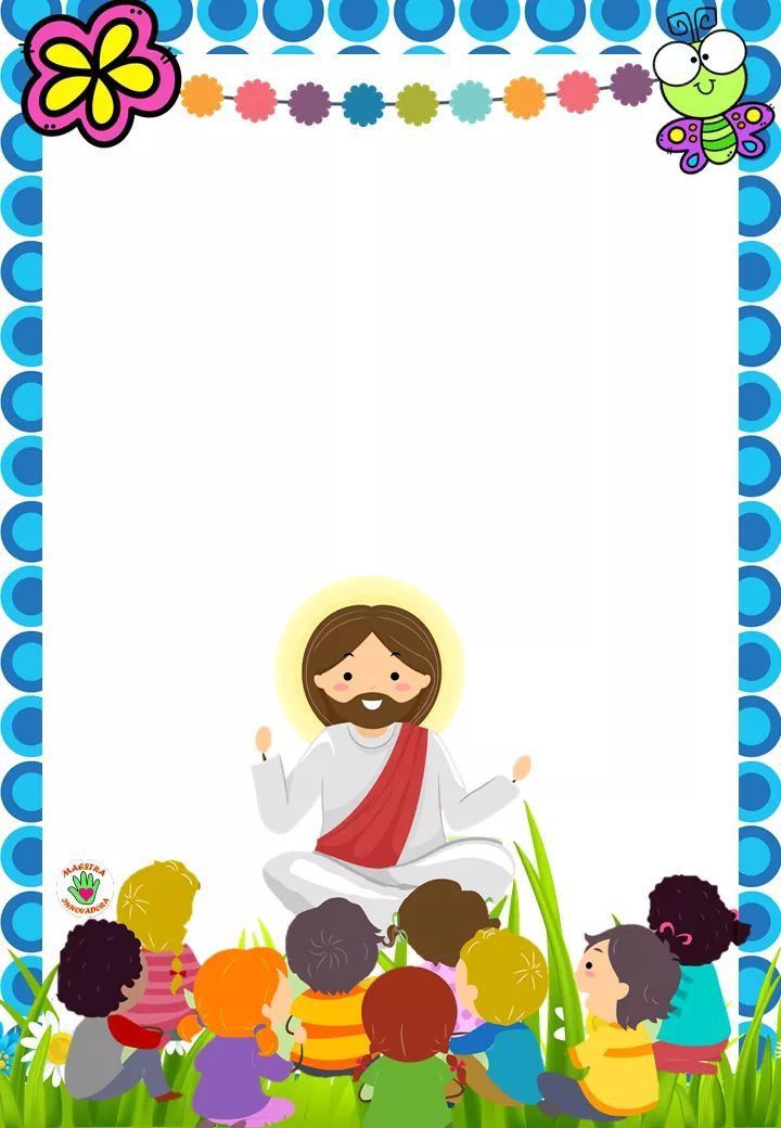 jesus in the middle of a group of children with an empty sheet for text on it