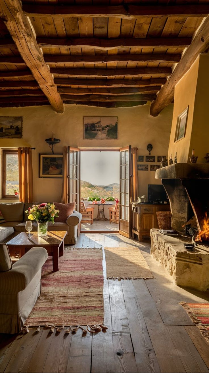 an open living room with wood floors and exposed ceilings, along with wooden furniture on either side of the fireplace