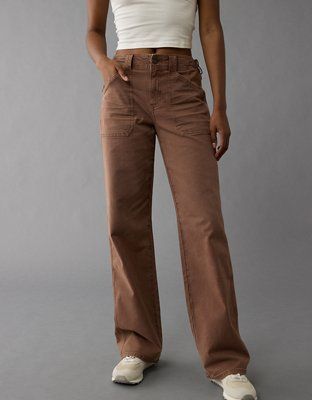 The it fit you need, with a high rise and wider leg from the thigh through the ankle. Elevated Casual Full-length Pants For Fall, High Rise Utility Wide Leg Pants For Fall, Fall Utility High Rise Wide Leg Pants, Trendy High Rise Pants For Fall, Elevated Casual Pants With Five Pockets, Fall Utility Wide Leg Pants With Relaxed Fit, Brown High Rise Jeans For Work, Trendy High-waist Flare Jeans For Elevated Casual Look, Trendy High Waist Flare Jeans For Elevated Casual