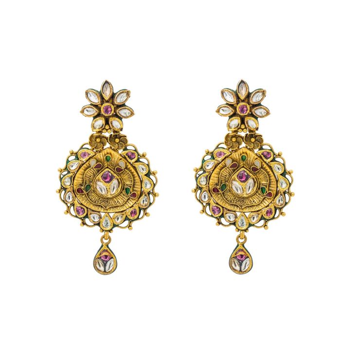 22K Yellow Gold Drop Earrings W/ Kundan & Vintage Design - Virani Jewelers Vintage Yellow Gold Festive Jewelry, Festive Vintage Yellow Gold Jewelry, Vintage 22k Yellow Gold Earrings, Vintage 22k Gold Earrings, Traditional 22k Gold Earrings With 17 Jewels, Ornate Gold Kundan Danglers, Ornate Gold Kundan Earrings, Ornate Kundan Gold Danglers, Ornate Kundan Gold Earrings